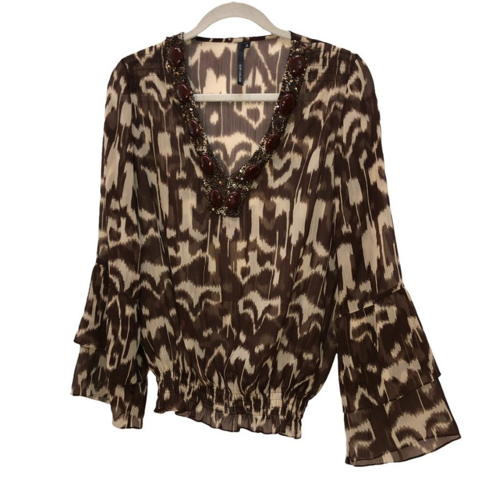kay CELINE brown cream IKAT print semi sheer embellished necklace line t…